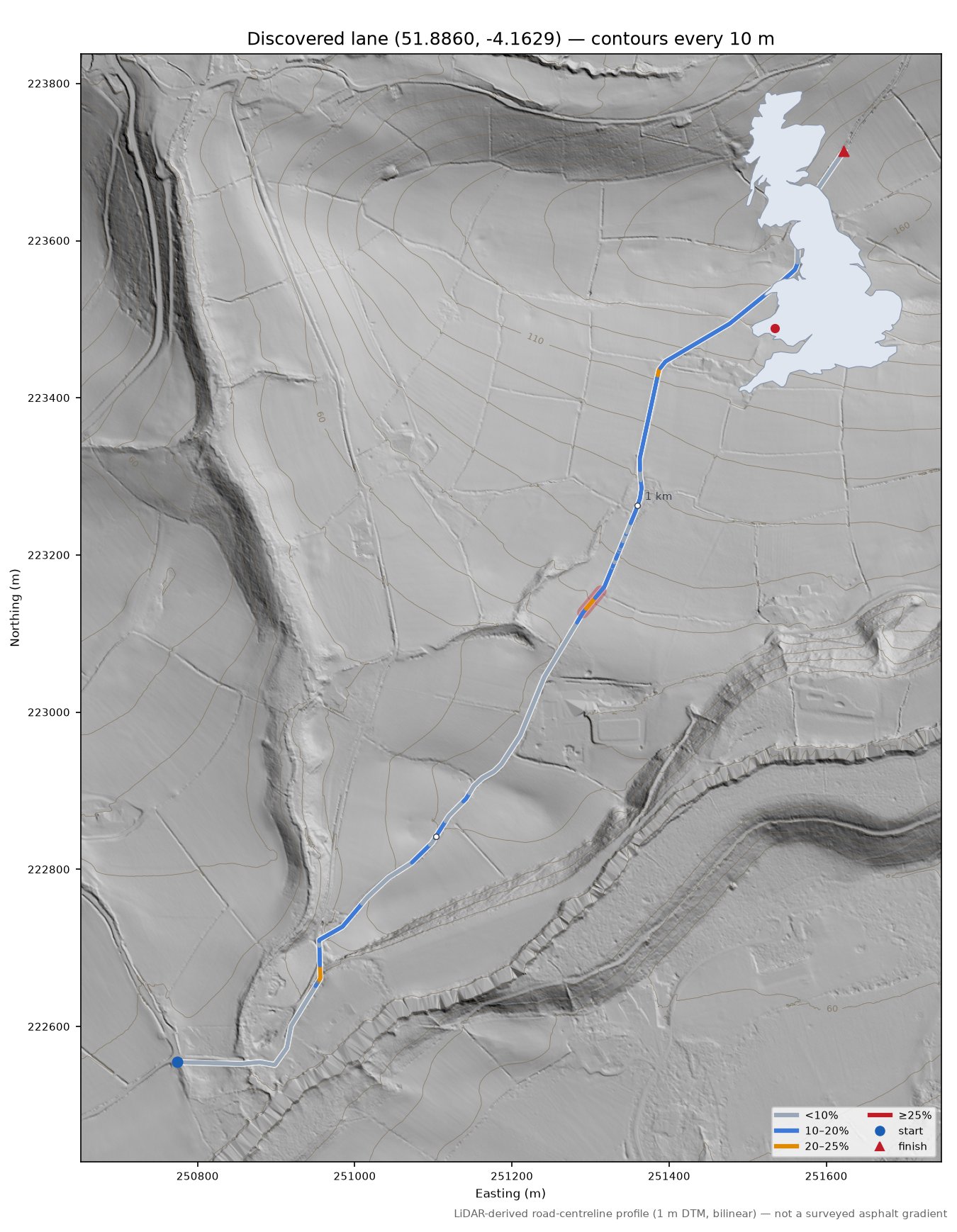 Discovered lane (51.8860, -4.1629) LiDAR hillshade map with contours