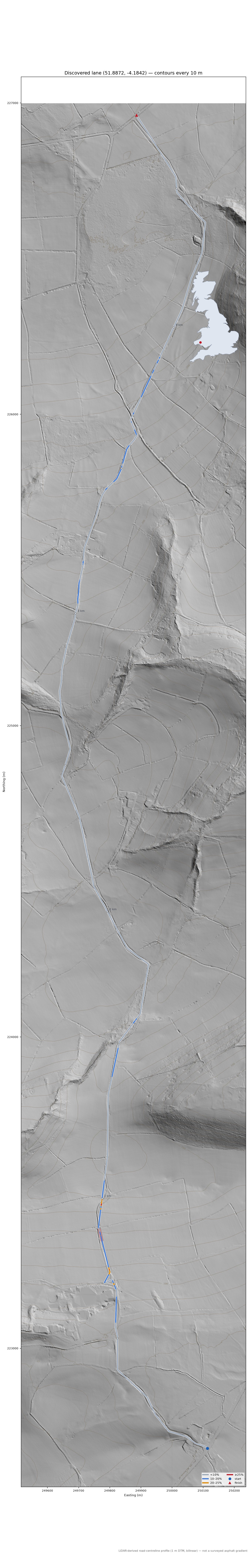 Discovered lane (51.8872, -4.1842) LiDAR hillshade map with contours