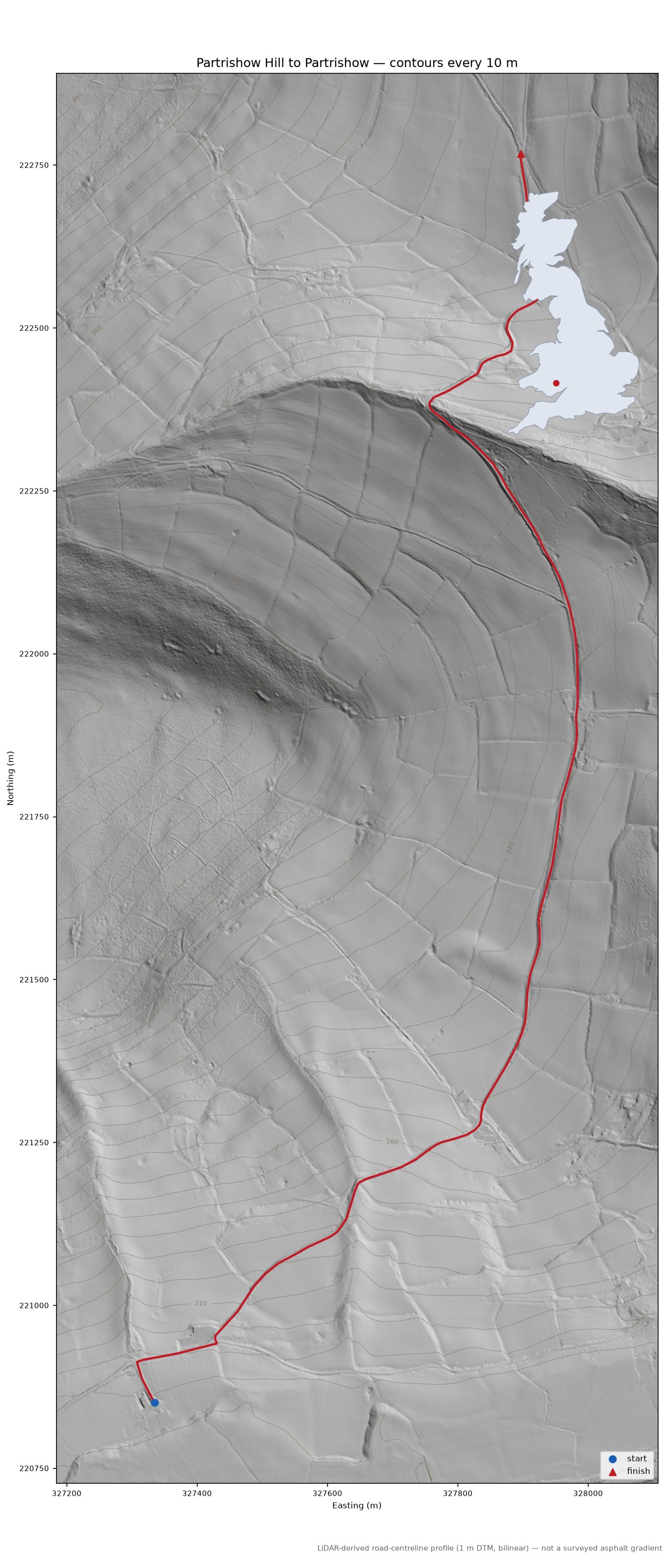 Partrishow Hill to Partrishow LiDAR hillshade map with contours