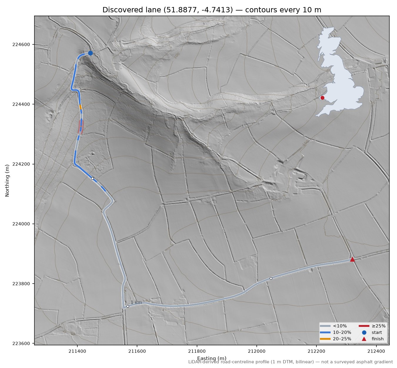 Discovered lane (51.8877, -4.7413) LiDAR hillshade map with contours