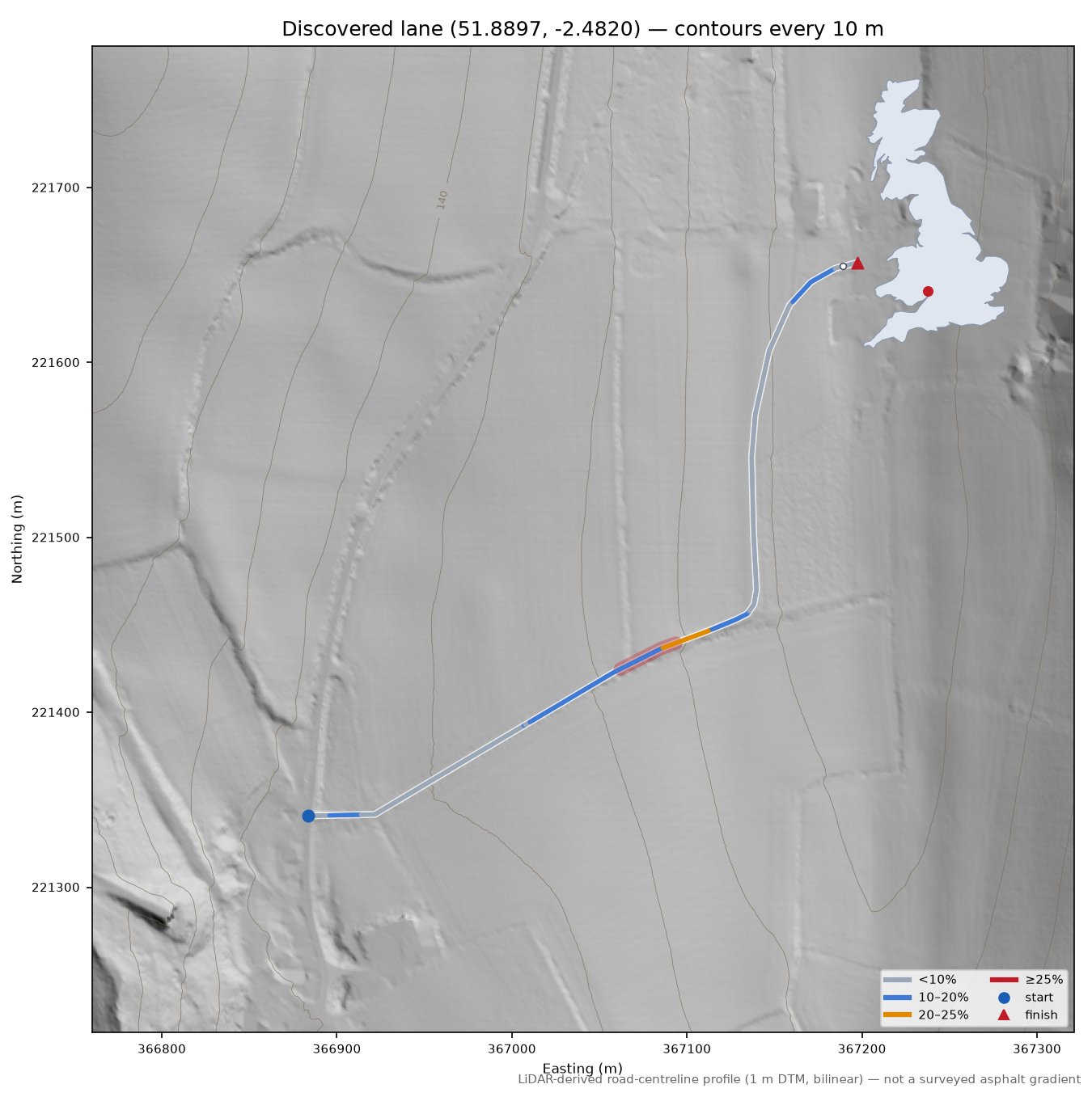 Discovered lane (51.8897, -2.4820) LiDAR hillshade map with contours