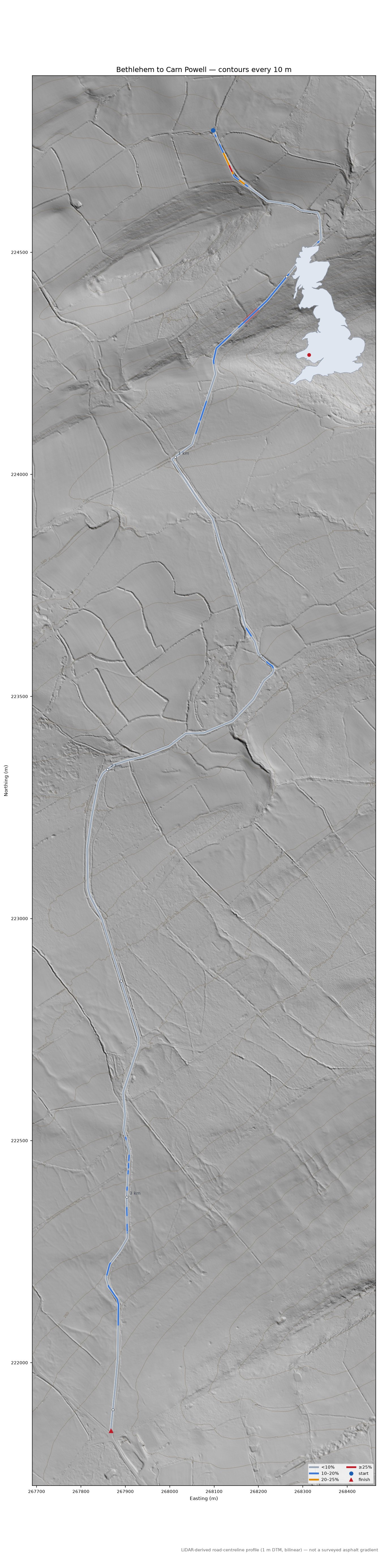 Bethlehem to Carn Powell LiDAR hillshade map with contours