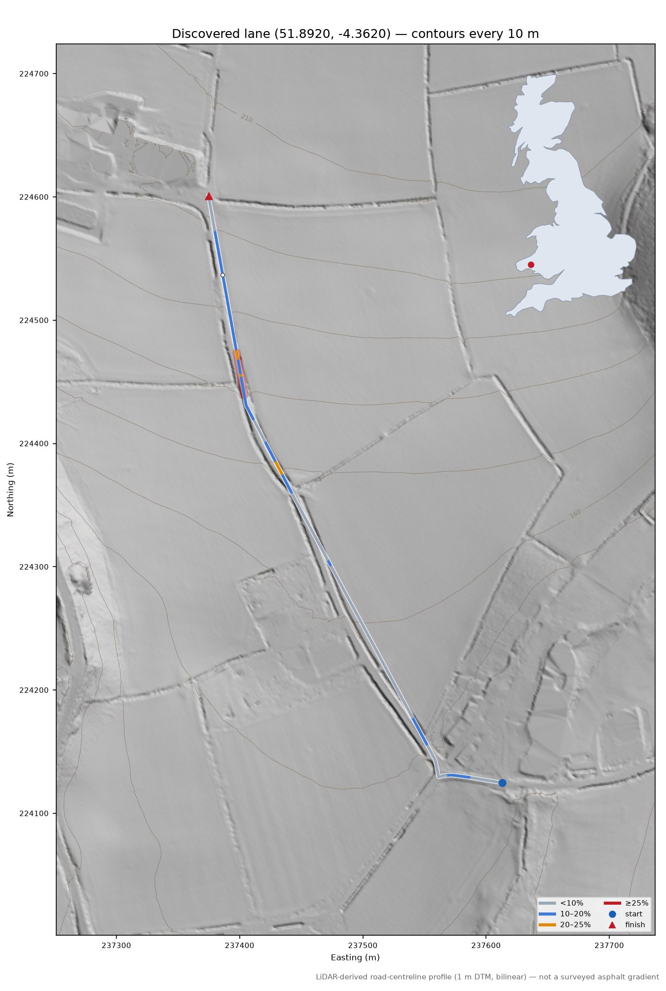 Discovered lane (51.8920, -4.3620) LiDAR hillshade map with contours
