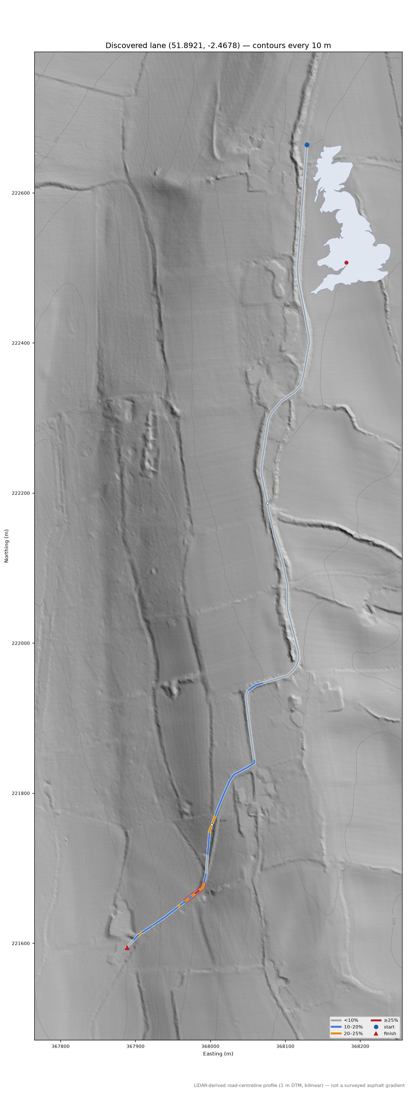 Discovered lane (51.8921, -2.4678) LiDAR hillshade map with contours