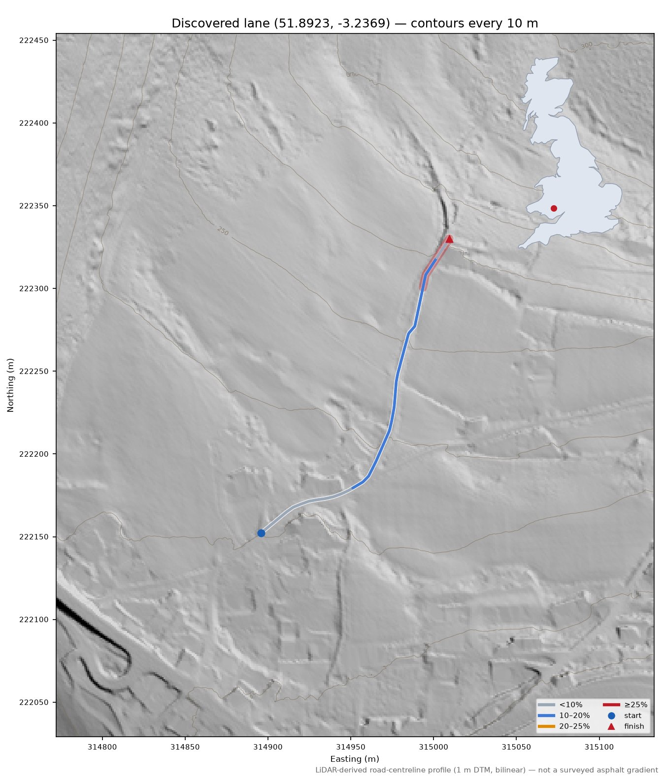 Discovered lane (51.8923, -3.2369) LiDAR hillshade map with contours
