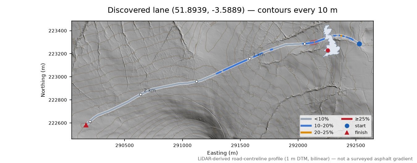 Discovered lane (51.8939, -3.5889) LiDAR hillshade map with contours