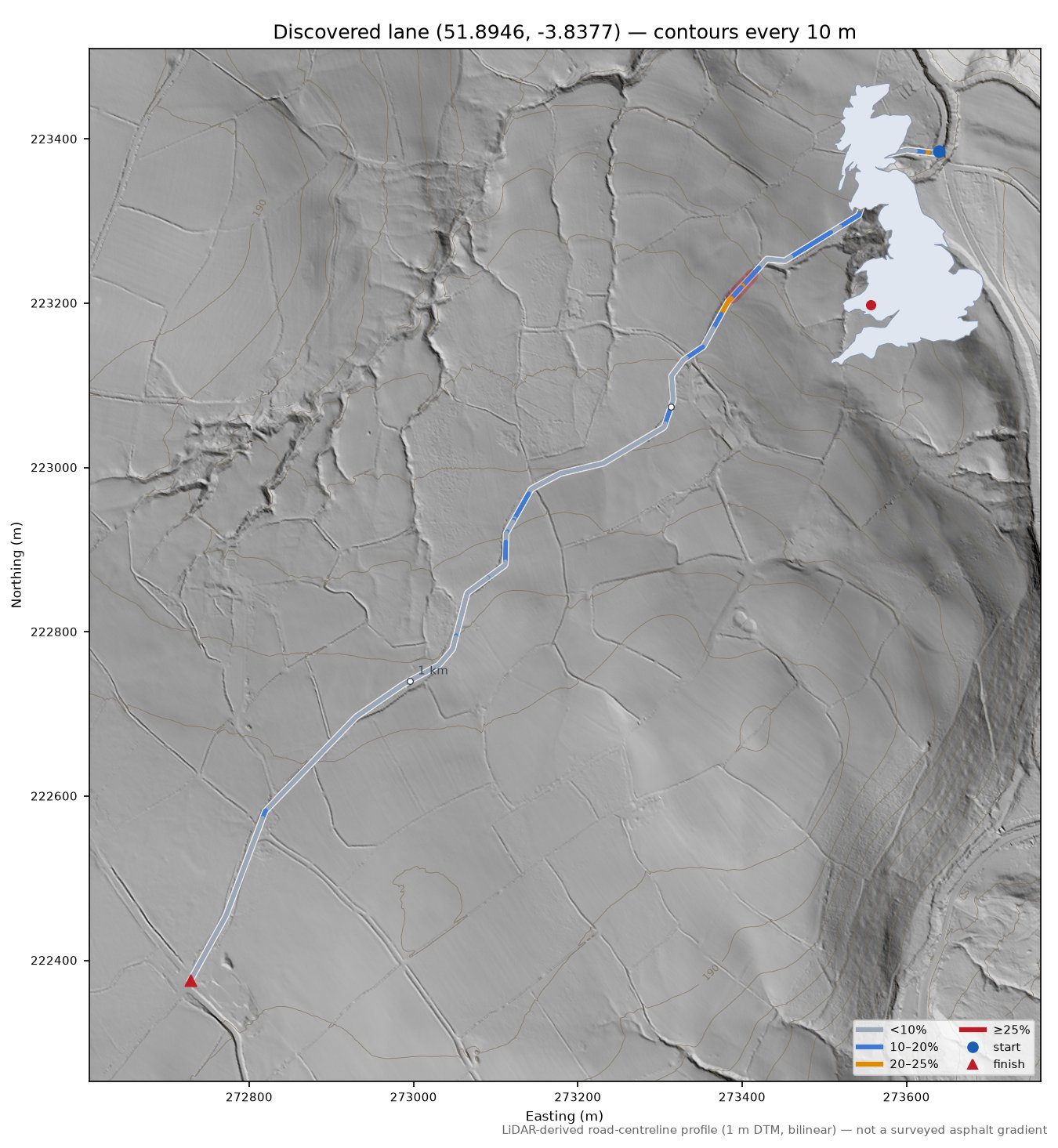 Discovered lane (51.8946, -3.8377) LiDAR hillshade map with contours