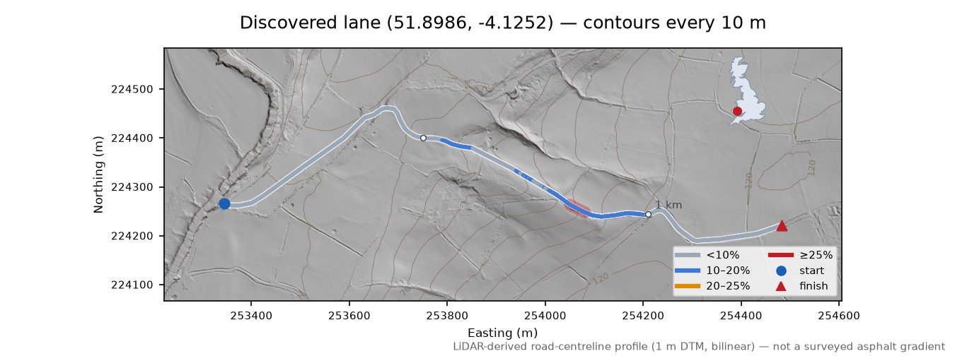 Discovered lane (51.8986, -4.1252) LiDAR hillshade map with contours