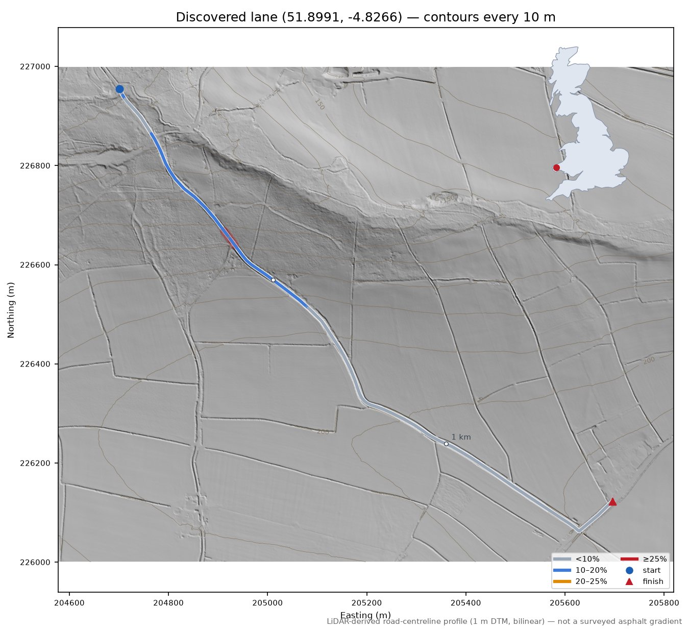Discovered lane (51.8991, -4.8266) LiDAR hillshade map with contours