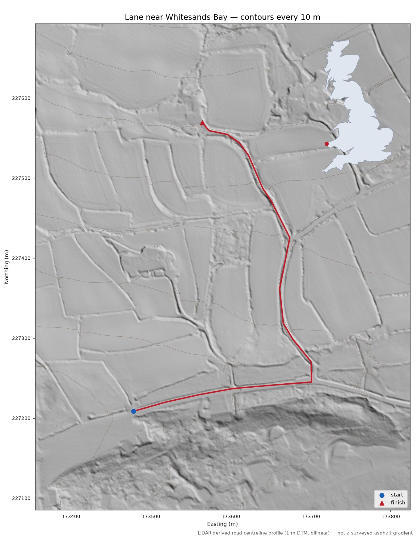 Lane near Whitesands Bay LiDAR hillshade map with contours
