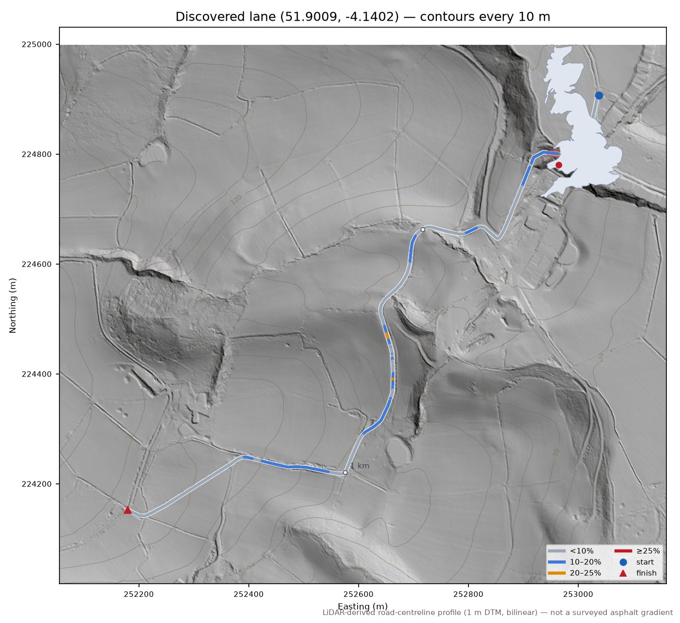 Discovered lane (51.9009, -4.1402) LiDAR hillshade map with contours