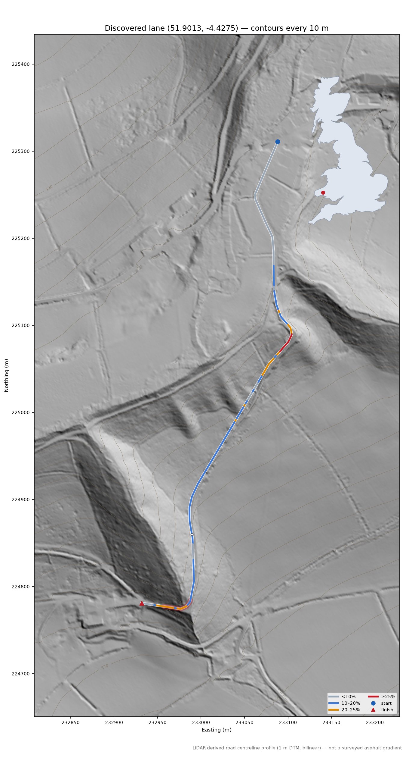 Discovered lane (51.9013, -4.4275) LiDAR hillshade map with contours