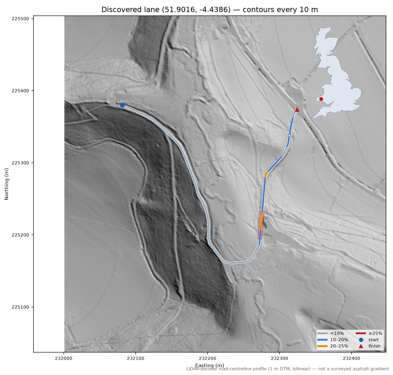 Discovered lane (51.9016, -4.4386) LiDAR hillshade map with contours
