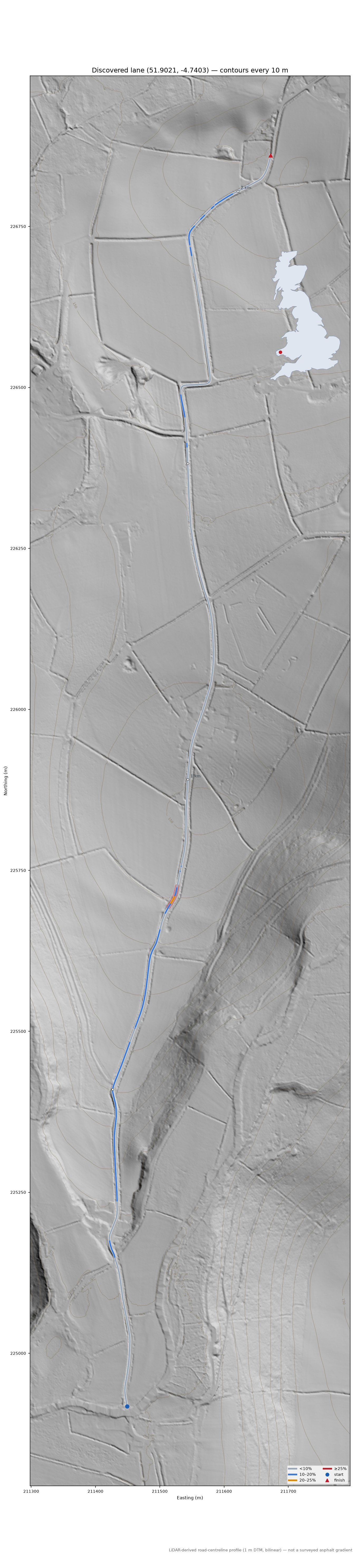 Discovered lane (51.9021, -4.7403) LiDAR hillshade map with contours