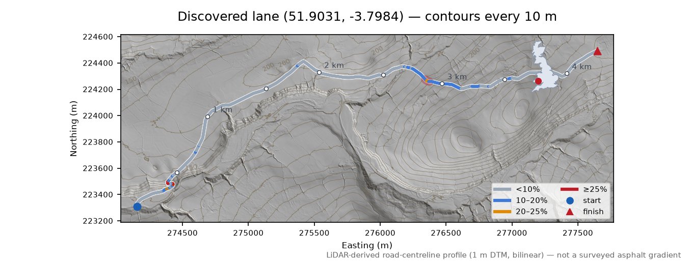 Discovered lane (51.9031, -3.7984) LiDAR hillshade map with contours
