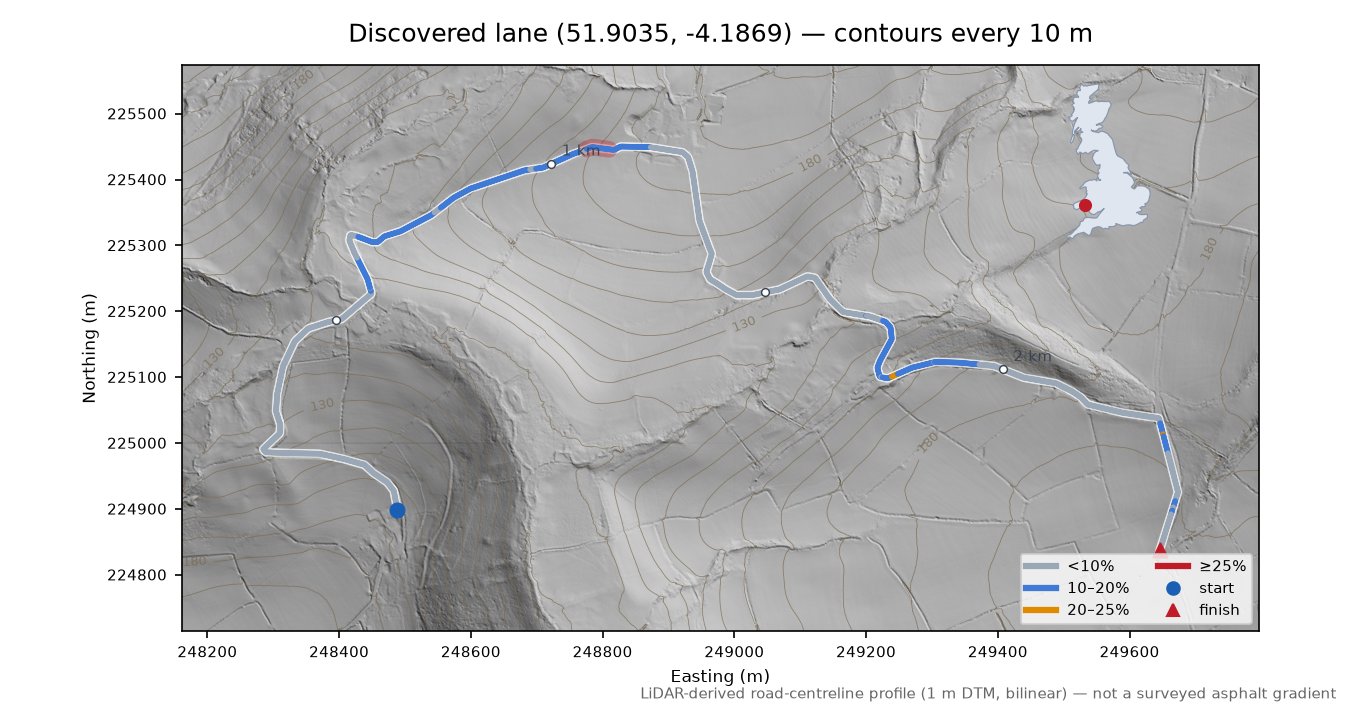 Discovered lane (51.9035, -4.1869) LiDAR hillshade map with contours