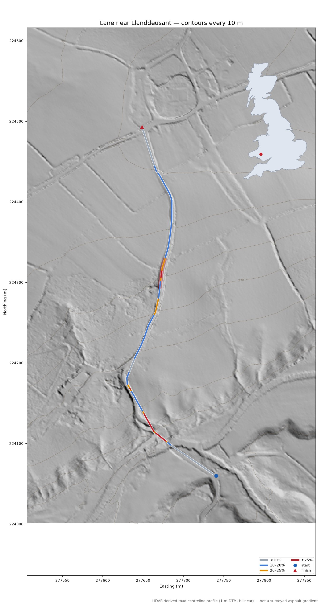 Lane near Llanddeusant LiDAR hillshade map with contours