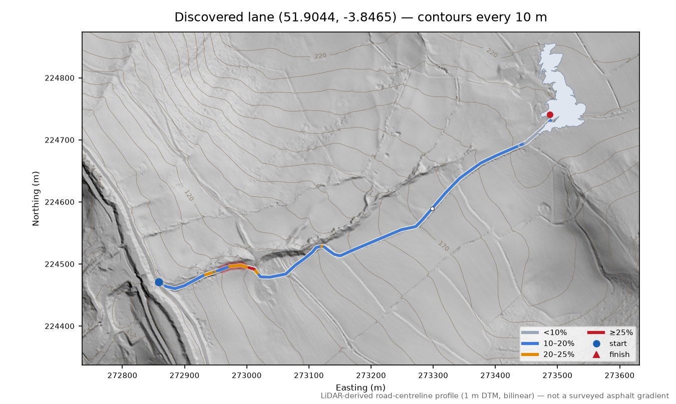 Discovered lane (51.9044, -3.8465) LiDAR hillshade map with contours