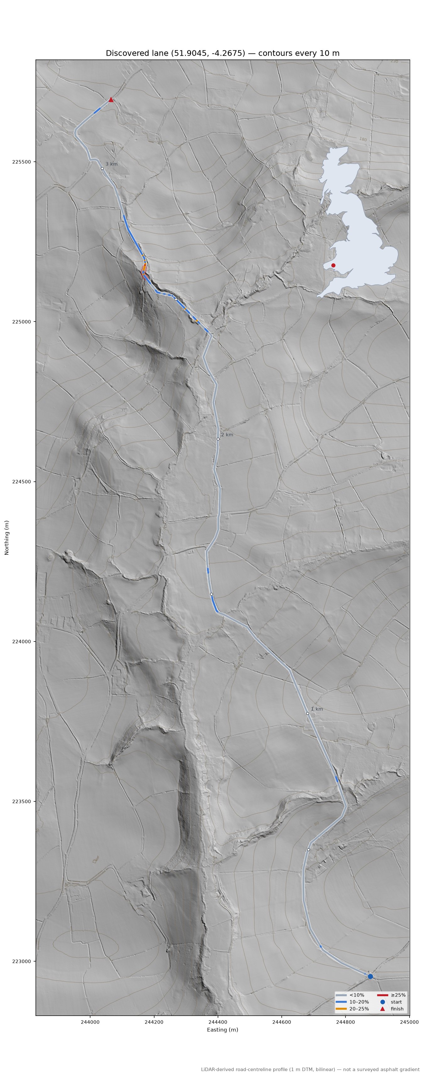 Discovered lane (51.9045, -4.2675) LiDAR hillshade map with contours