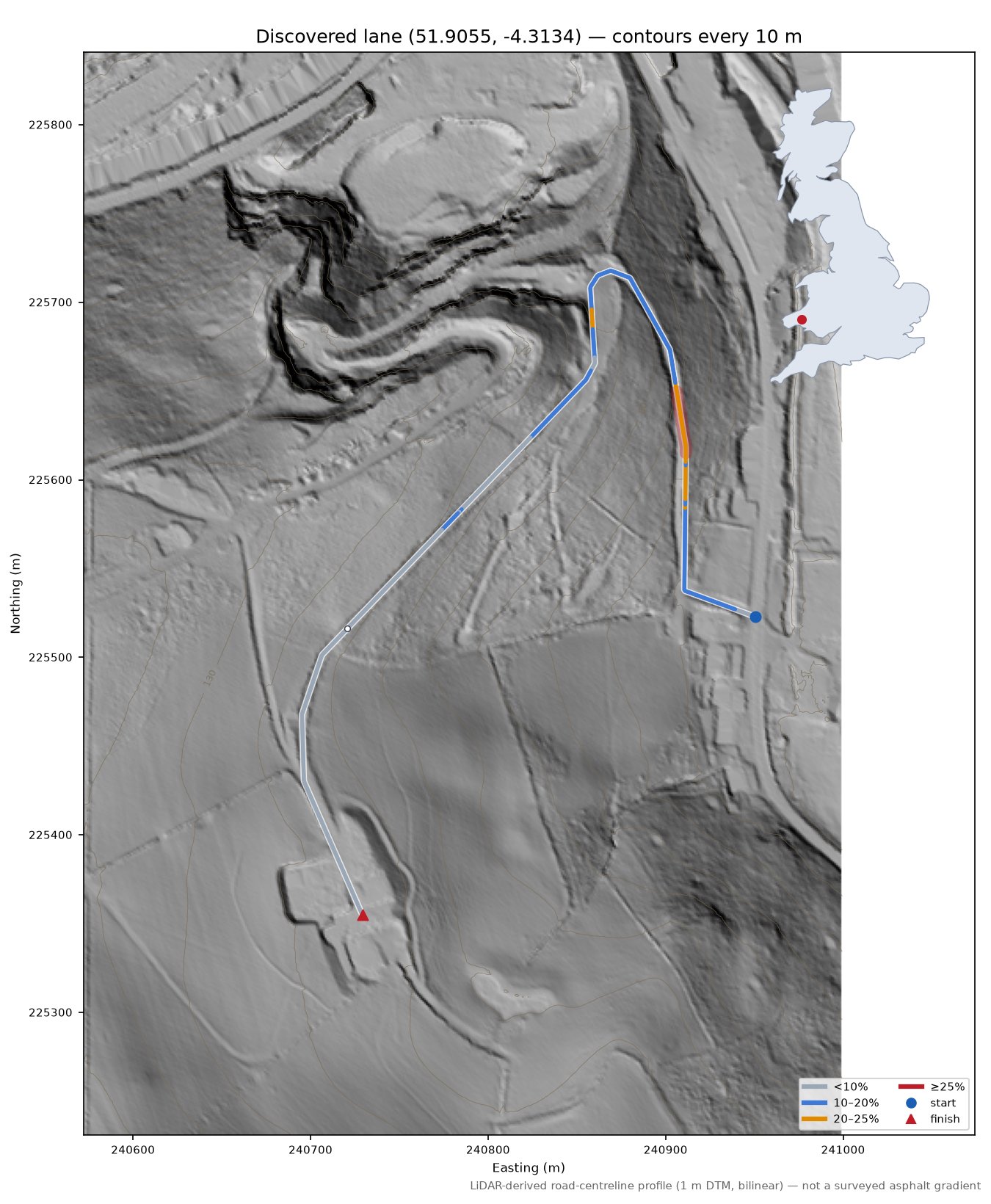 Discovered lane (51.9055, -4.3134) LiDAR hillshade map with contours