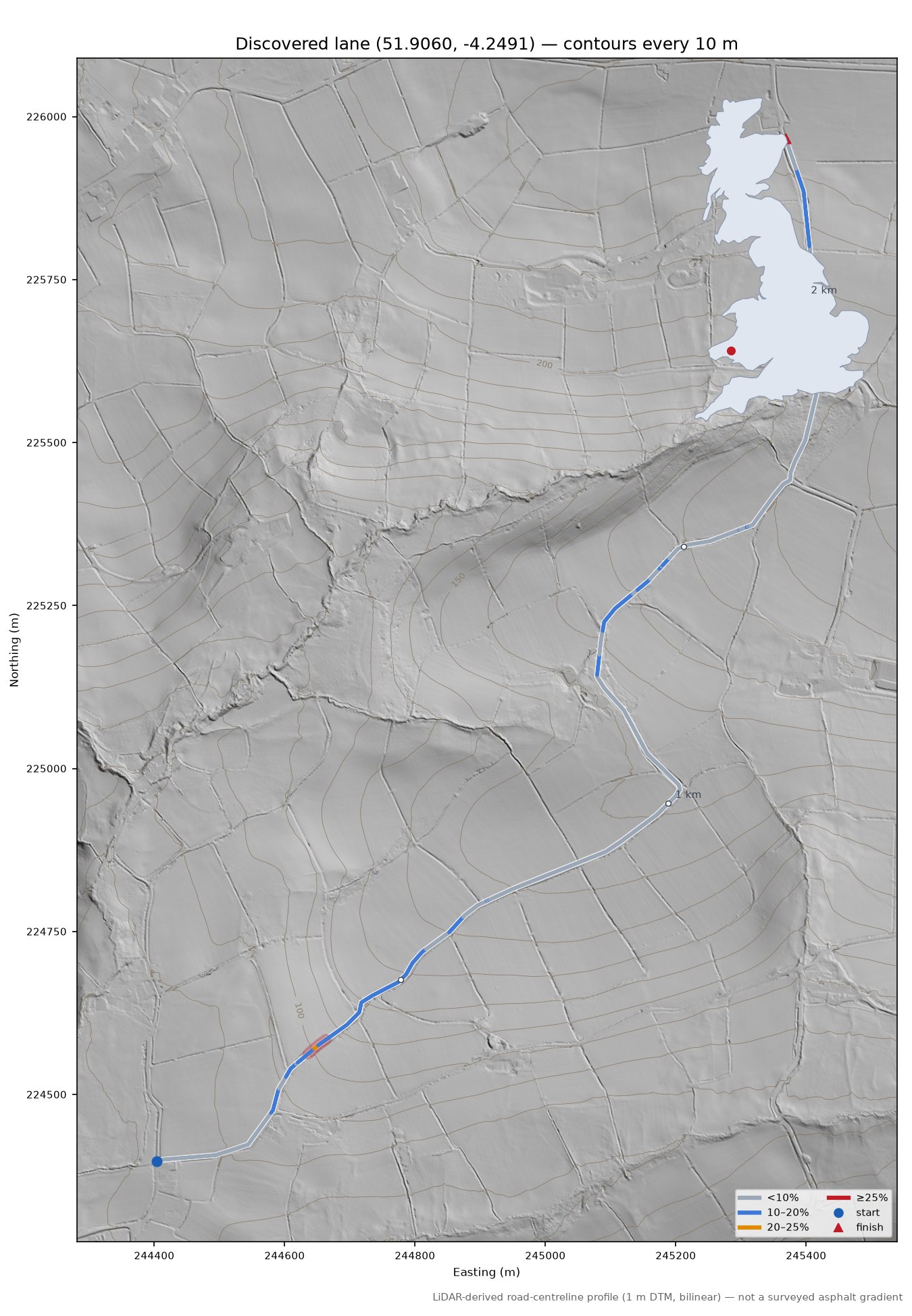 Discovered lane (51.9060, -4.2491) LiDAR hillshade map with contours