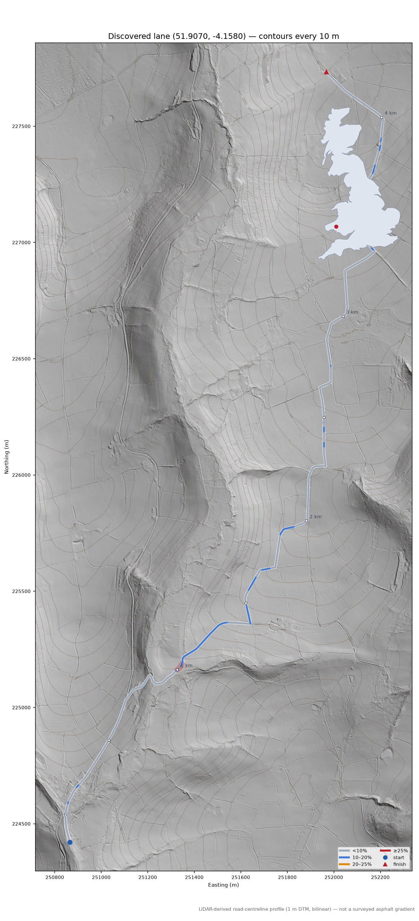 Discovered lane (51.9070, -4.1580) LiDAR hillshade map with contours