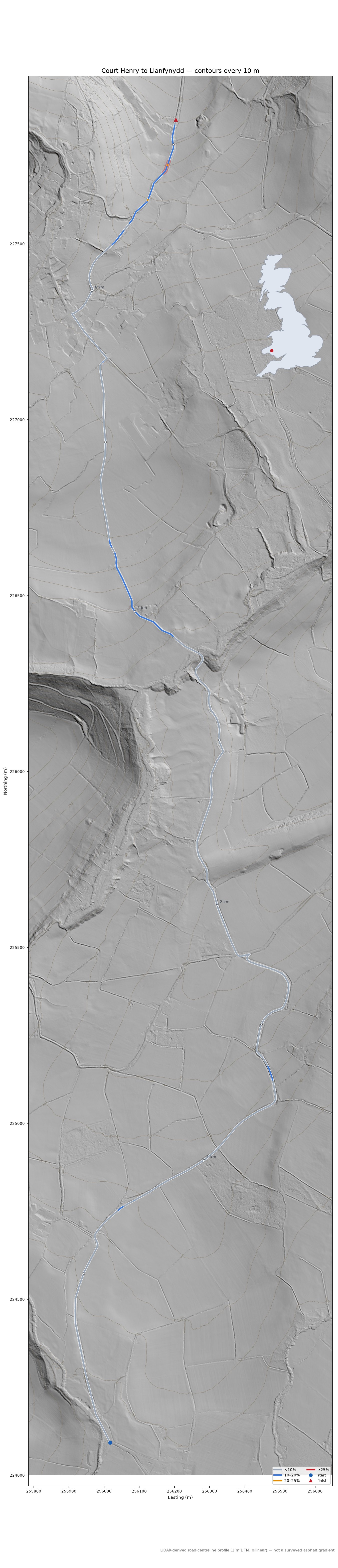 Court Henry to Llanfynydd LiDAR hillshade map with contours