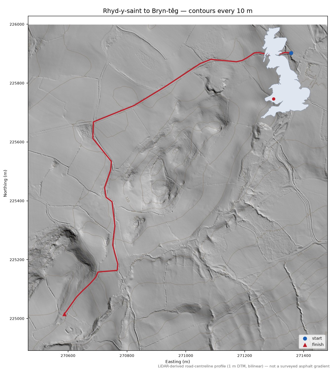 Rhyd-y-saint to Bryn-têg LiDAR hillshade map with contours