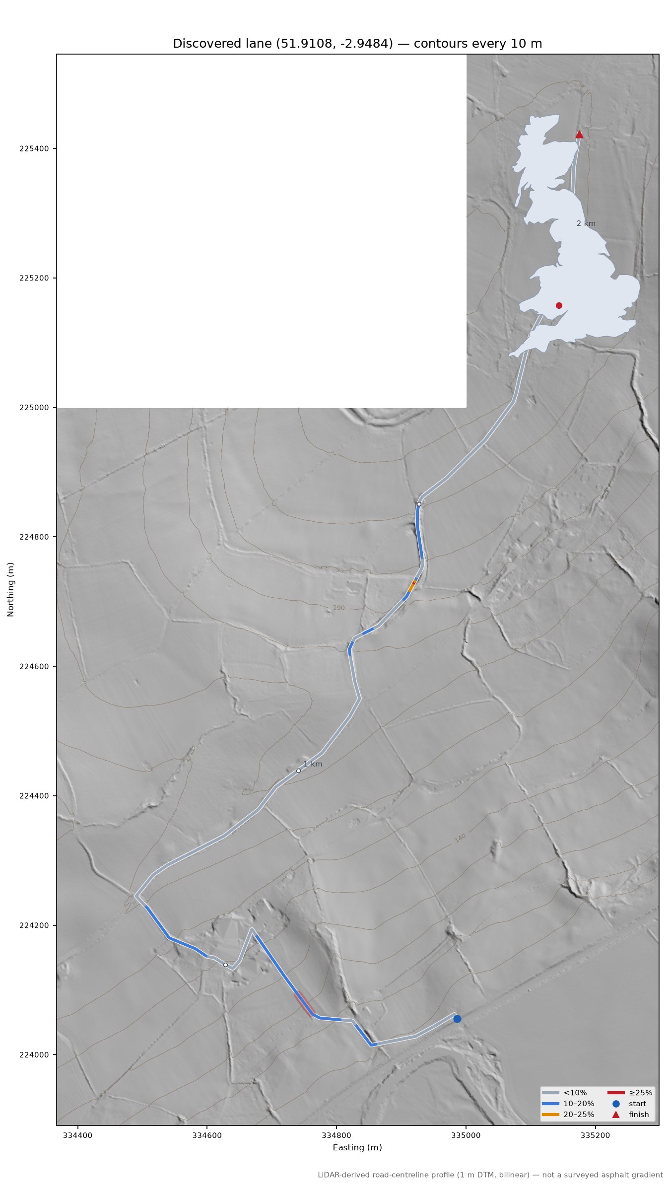 Discovered lane (51.9108, -2.9484) LiDAR hillshade map with contours