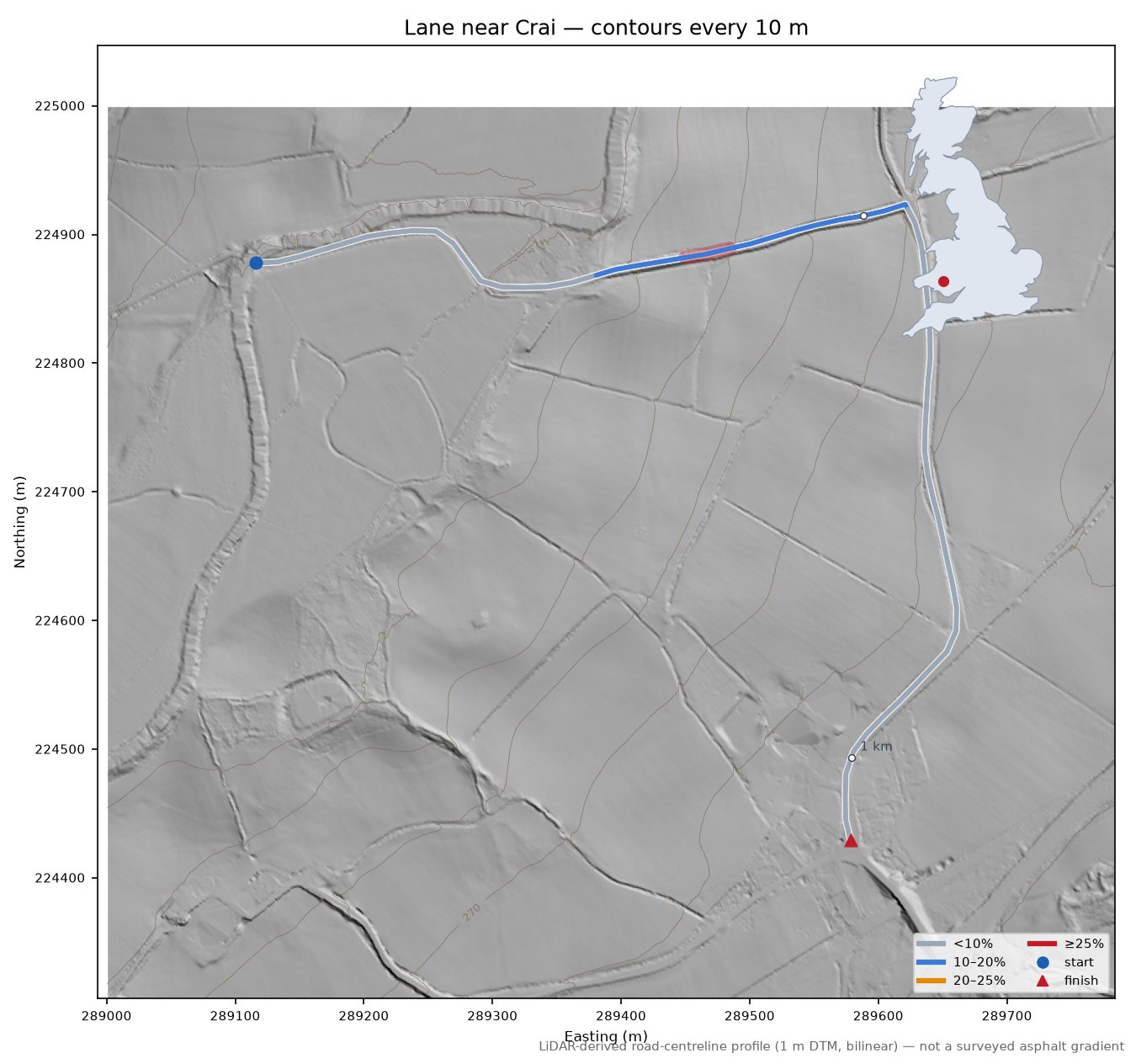 Lane near Crai LiDAR hillshade map with contours