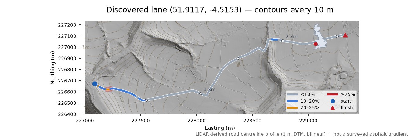 Discovered lane (51.9117, -4.5153) LiDAR hillshade map with contours