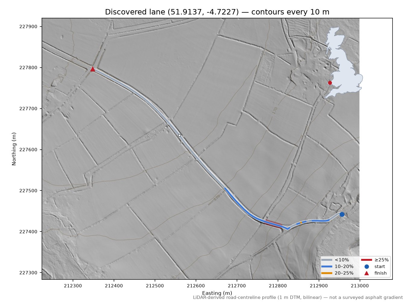 Discovered lane (51.9137, -4.7227) LiDAR hillshade map with contours