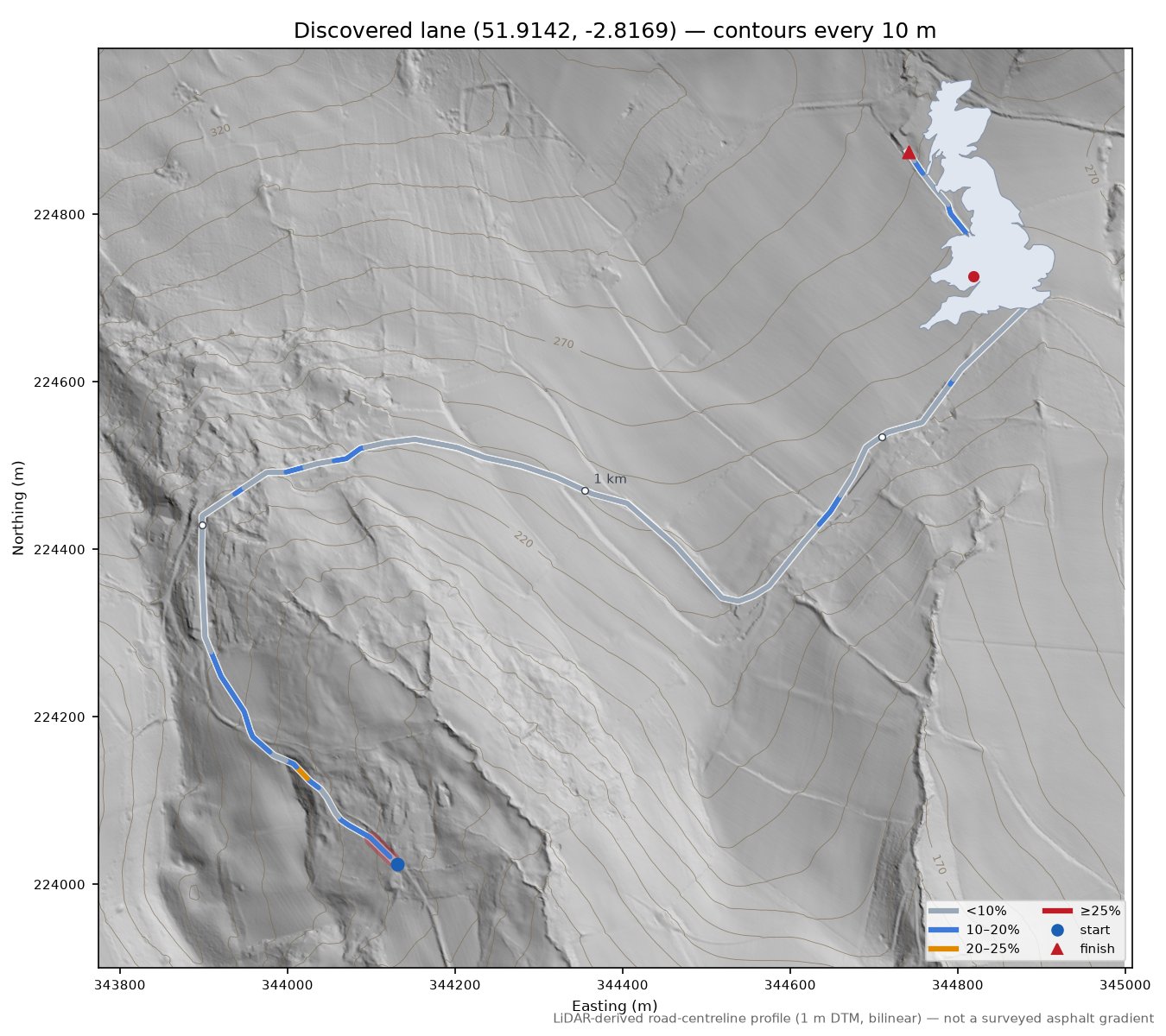 Discovered lane (51.9142, -2.8169) LiDAR hillshade map with contours
