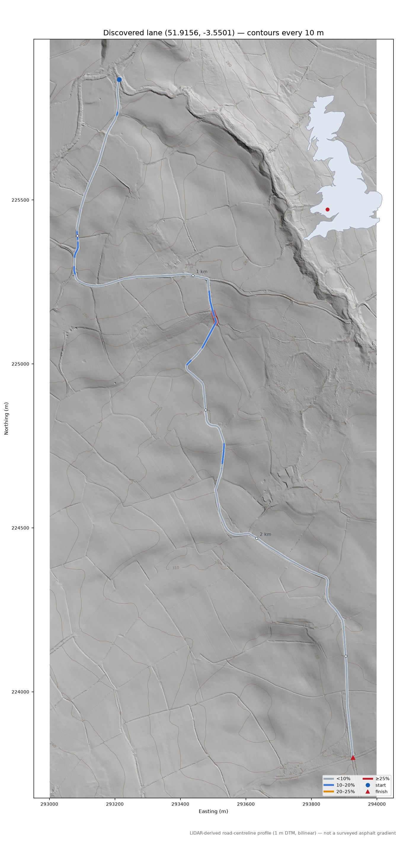 Discovered lane (51.9156, -3.5501) LiDAR hillshade map with contours