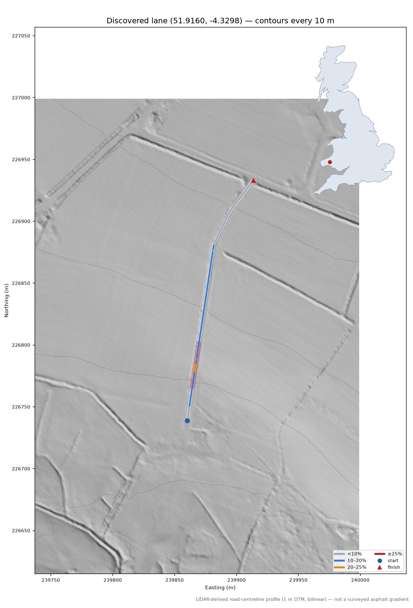 Discovered lane (51.9160, -4.3298) LiDAR hillshade map with contours