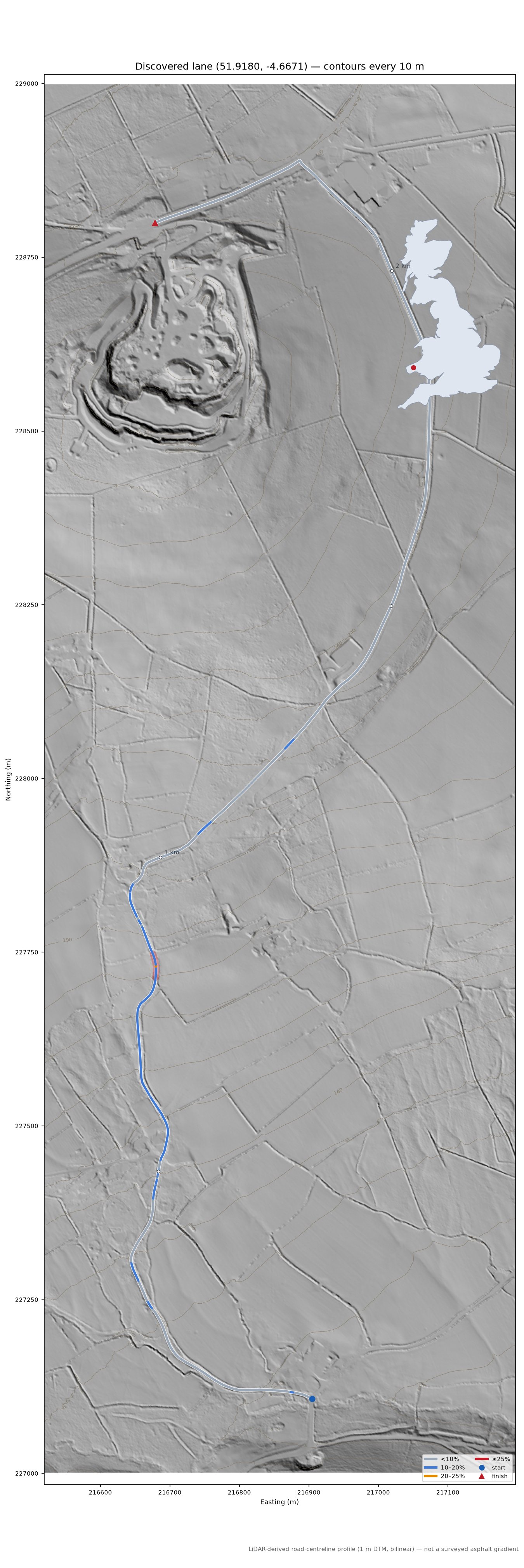 Discovered lane (51.9180, -4.6671) LiDAR hillshade map with contours