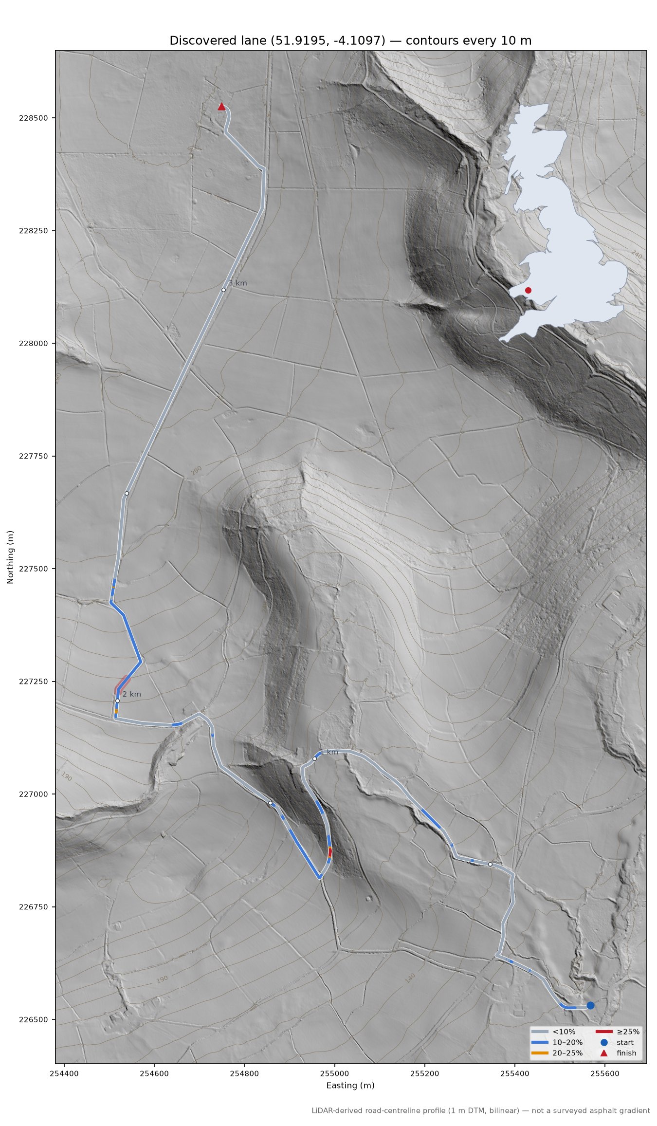 Discovered lane (51.9195, -4.1097) LiDAR hillshade map with contours