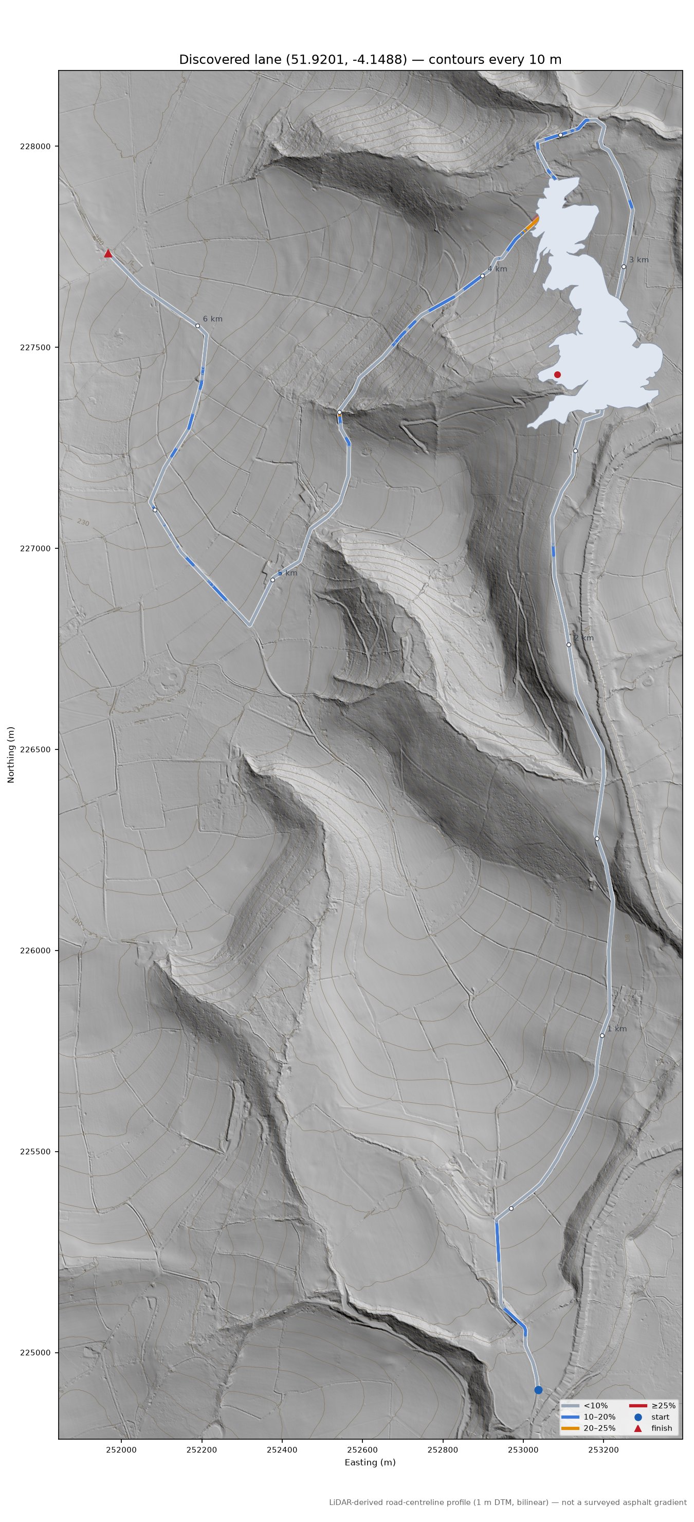 Discovered lane (51.9201, -4.1488) LiDAR hillshade map with contours
