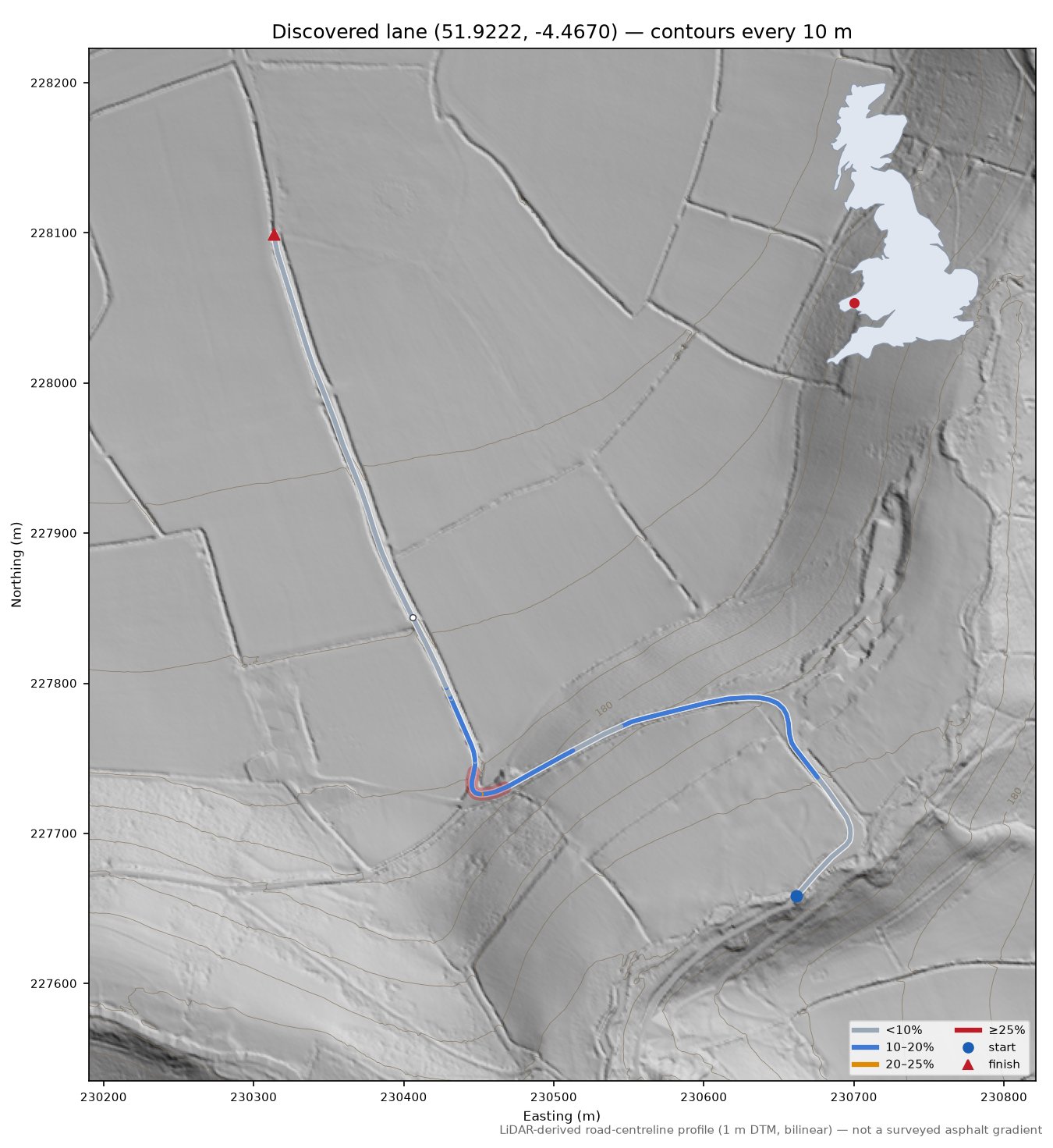 Discovered lane (51.9222, -4.4670) LiDAR hillshade map with contours