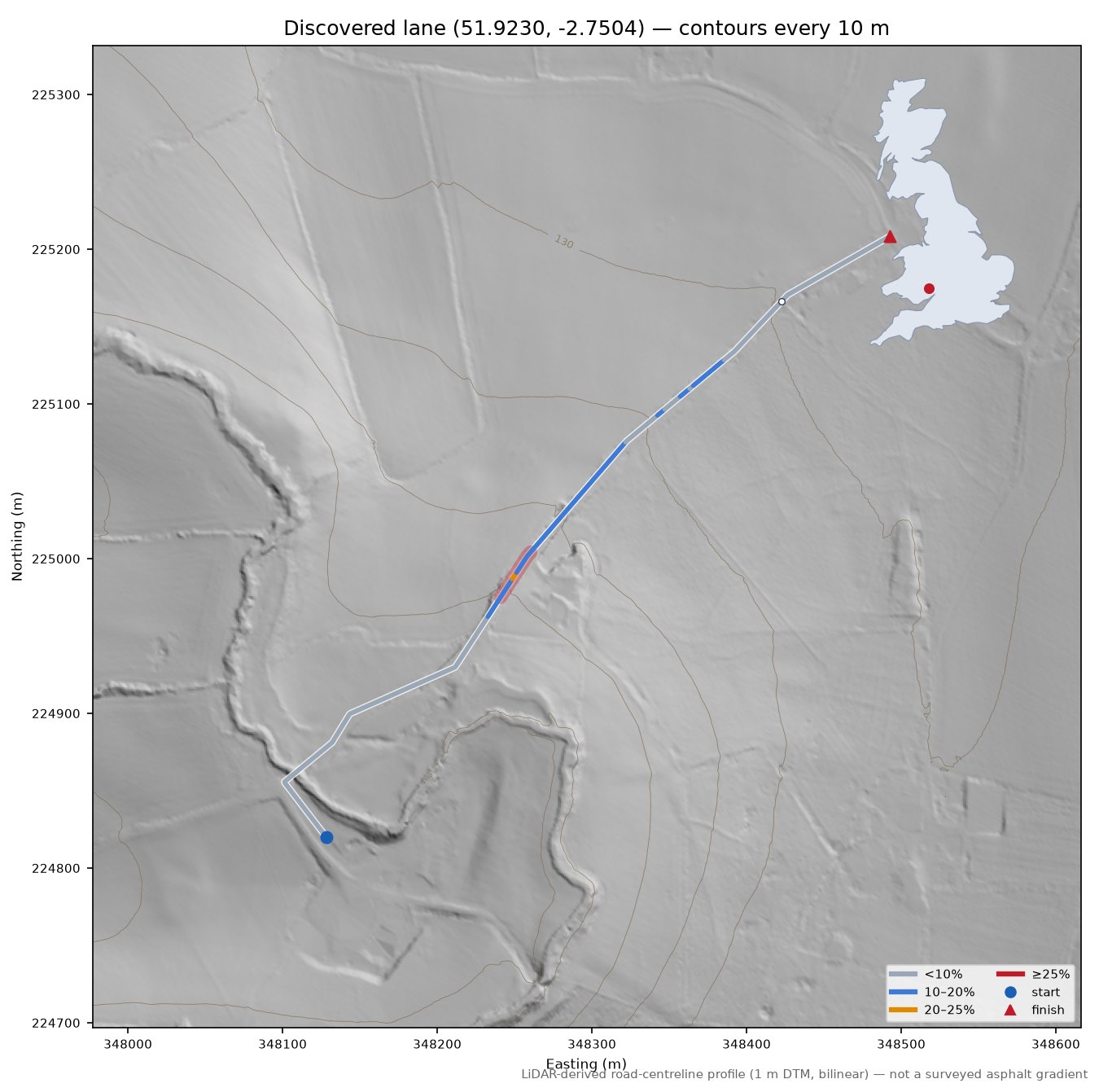 Discovered lane (51.9230, -2.7504) LiDAR hillshade map with contours