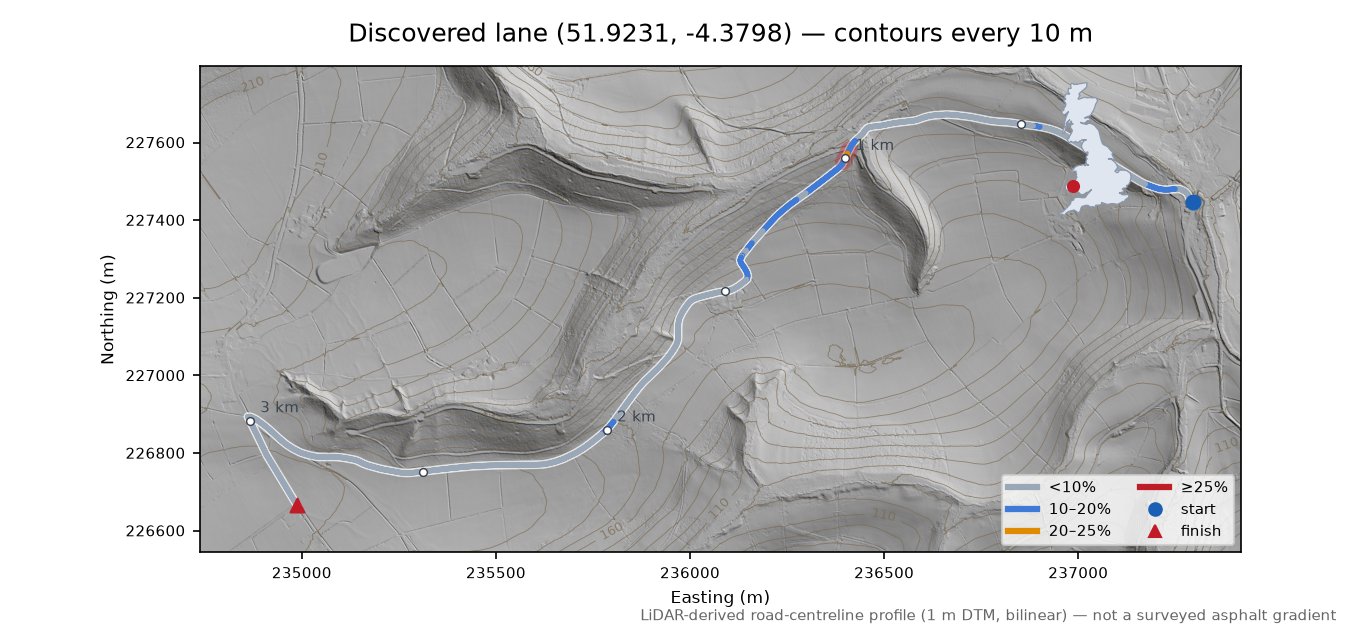 Discovered lane (51.9231, -4.3798) LiDAR hillshade map with contours