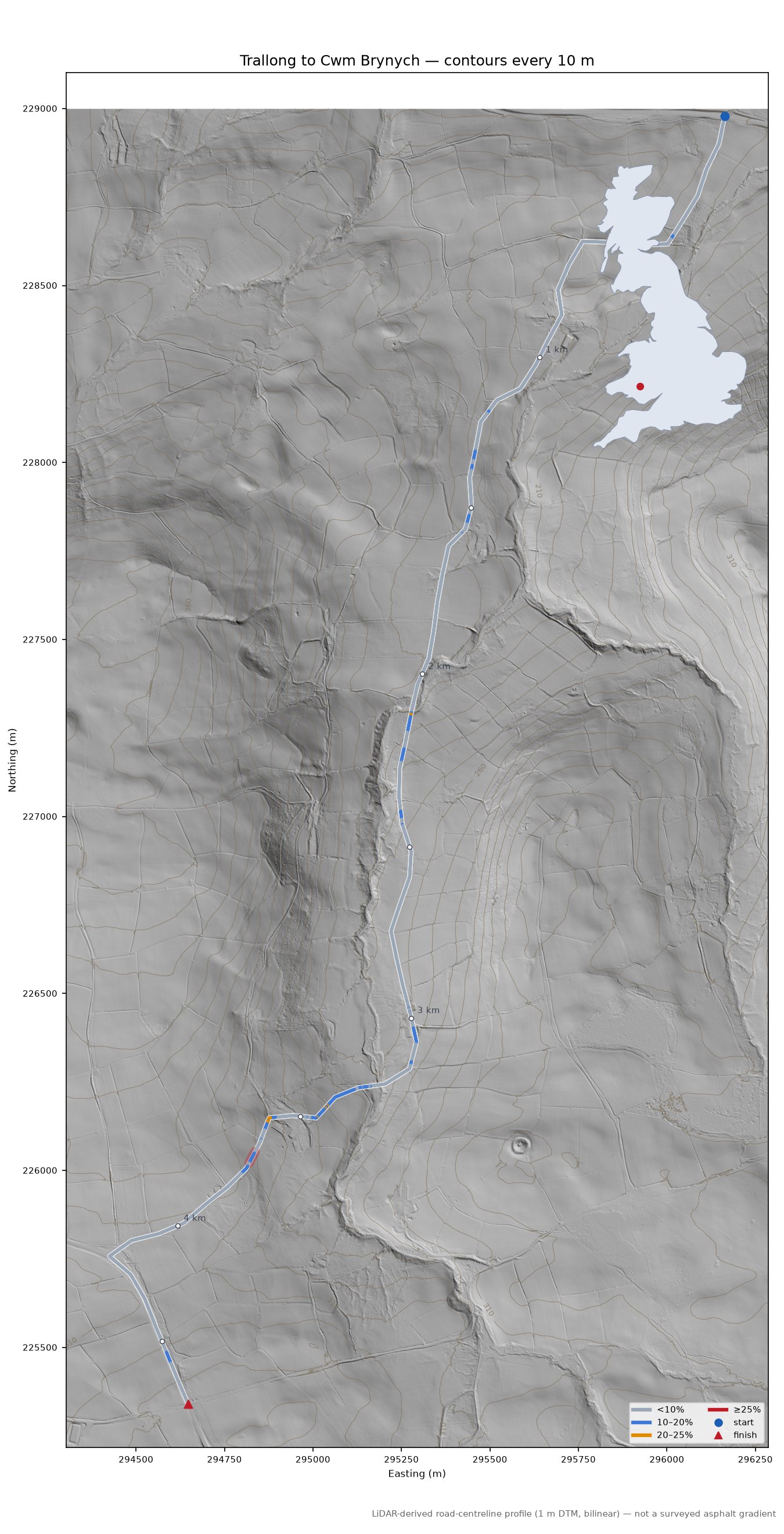 Trallong to Cwm Brynych LiDAR hillshade map with contours