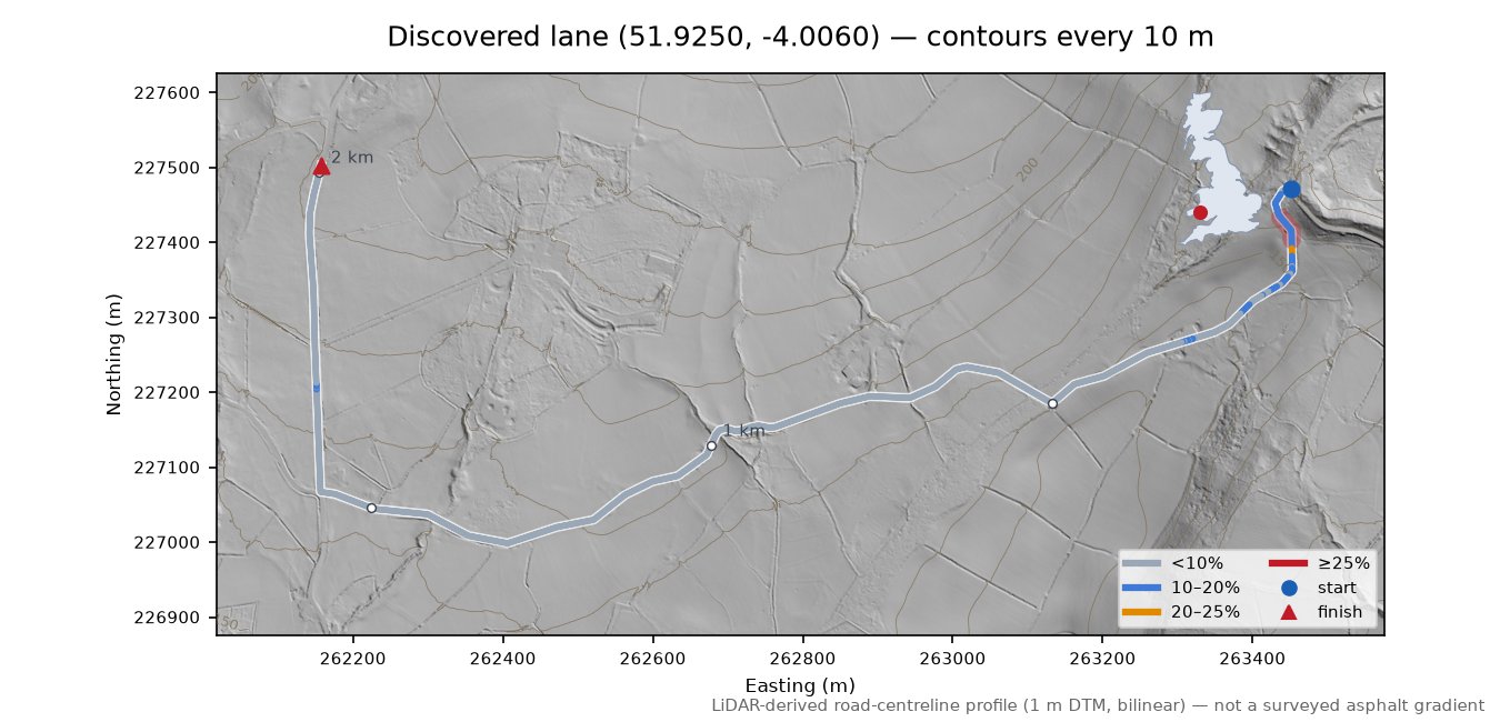 Discovered lane (51.9250, -4.0060) LiDAR hillshade map with contours