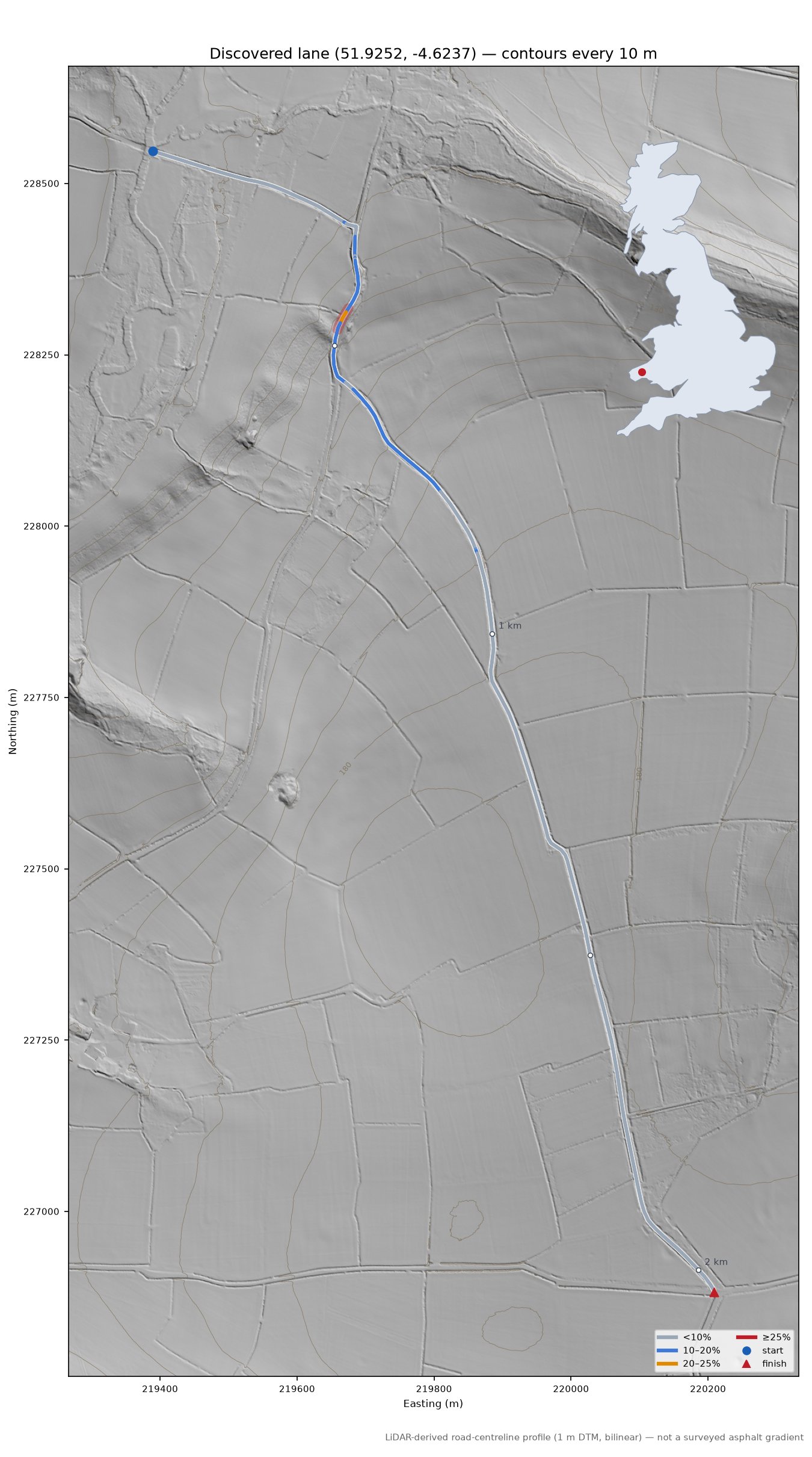 Discovered lane (51.9252, -4.6237) LiDAR hillshade map with contours