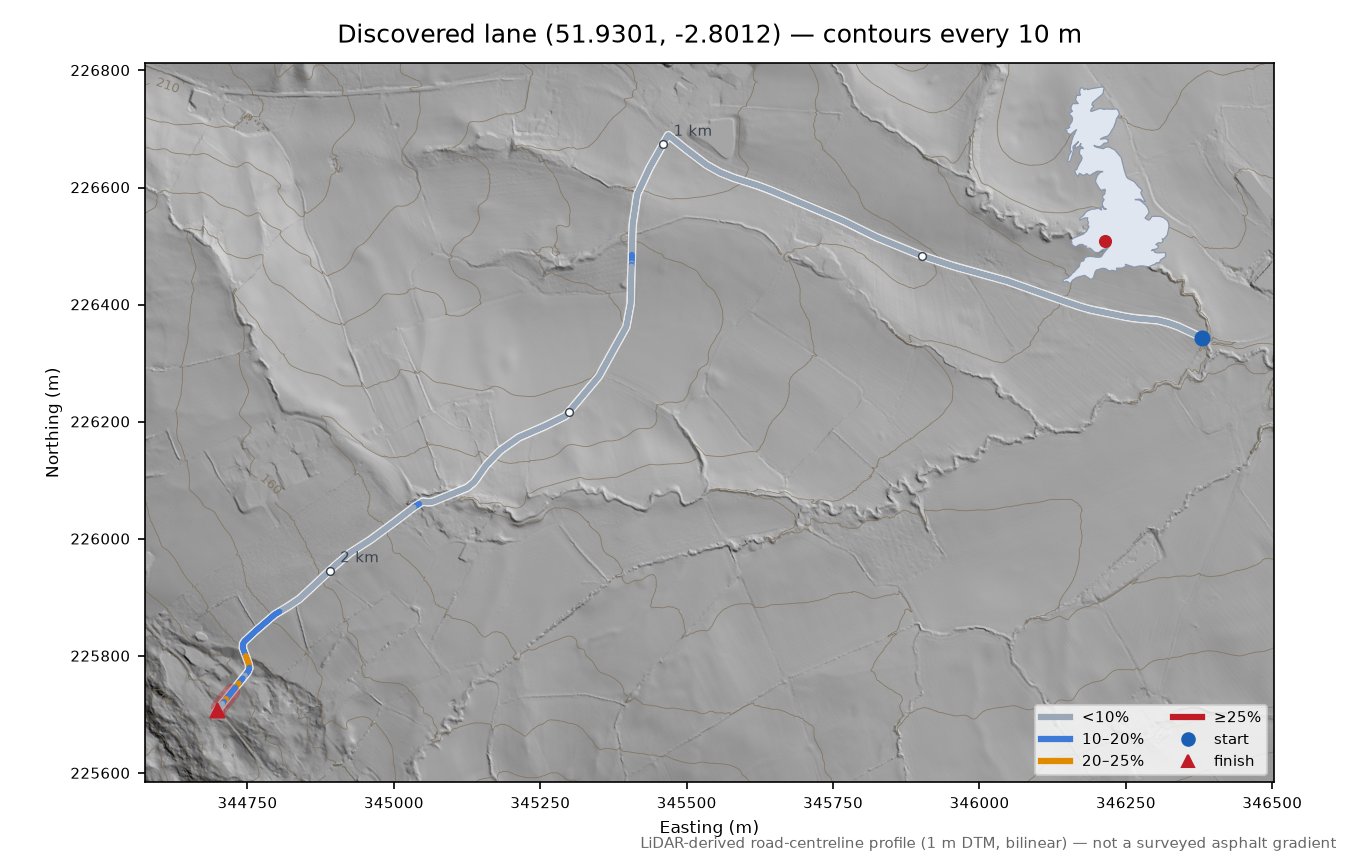 Discovered lane (51.9301, -2.8012) LiDAR hillshade map with contours