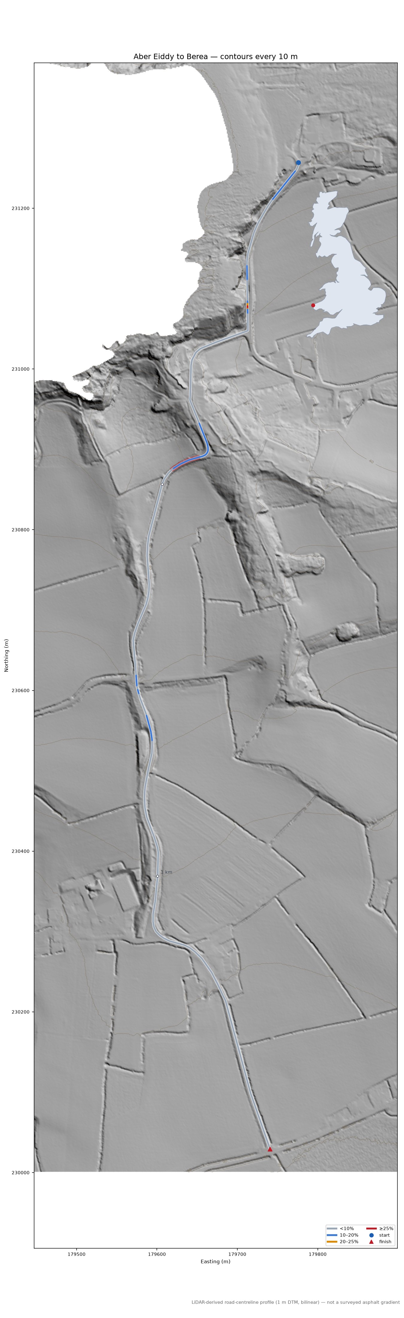 Aber Eiddy to Berea LiDAR hillshade map with contours