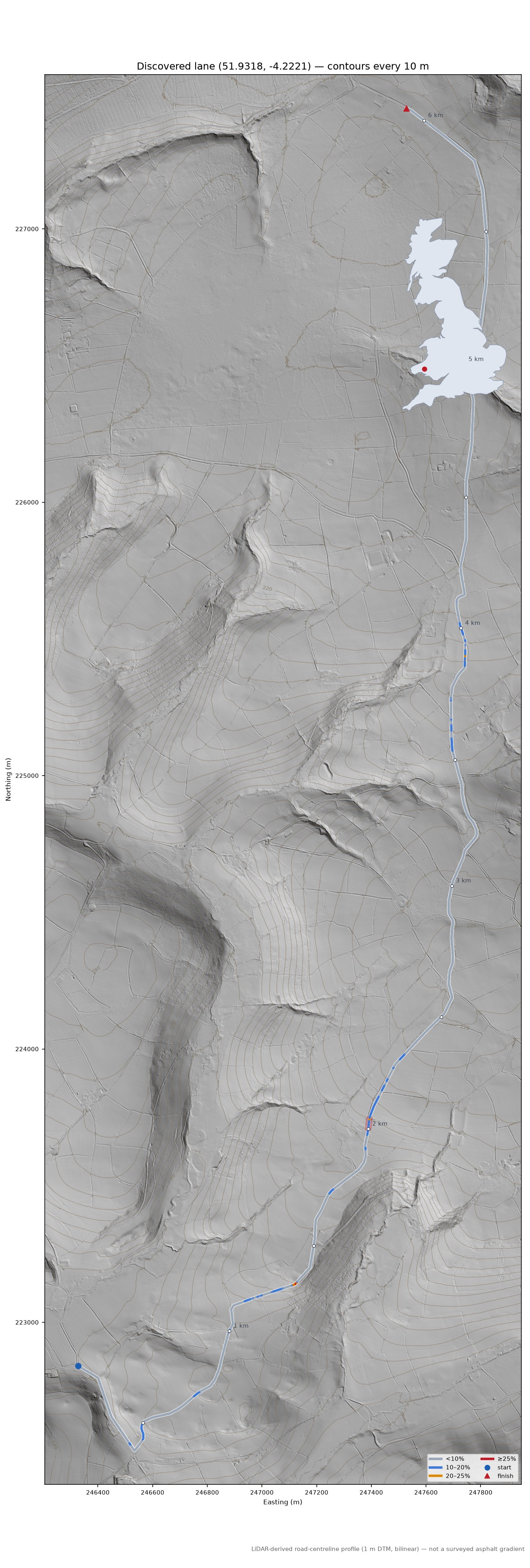 Discovered lane (51.9318, -4.2221) LiDAR hillshade map with contours