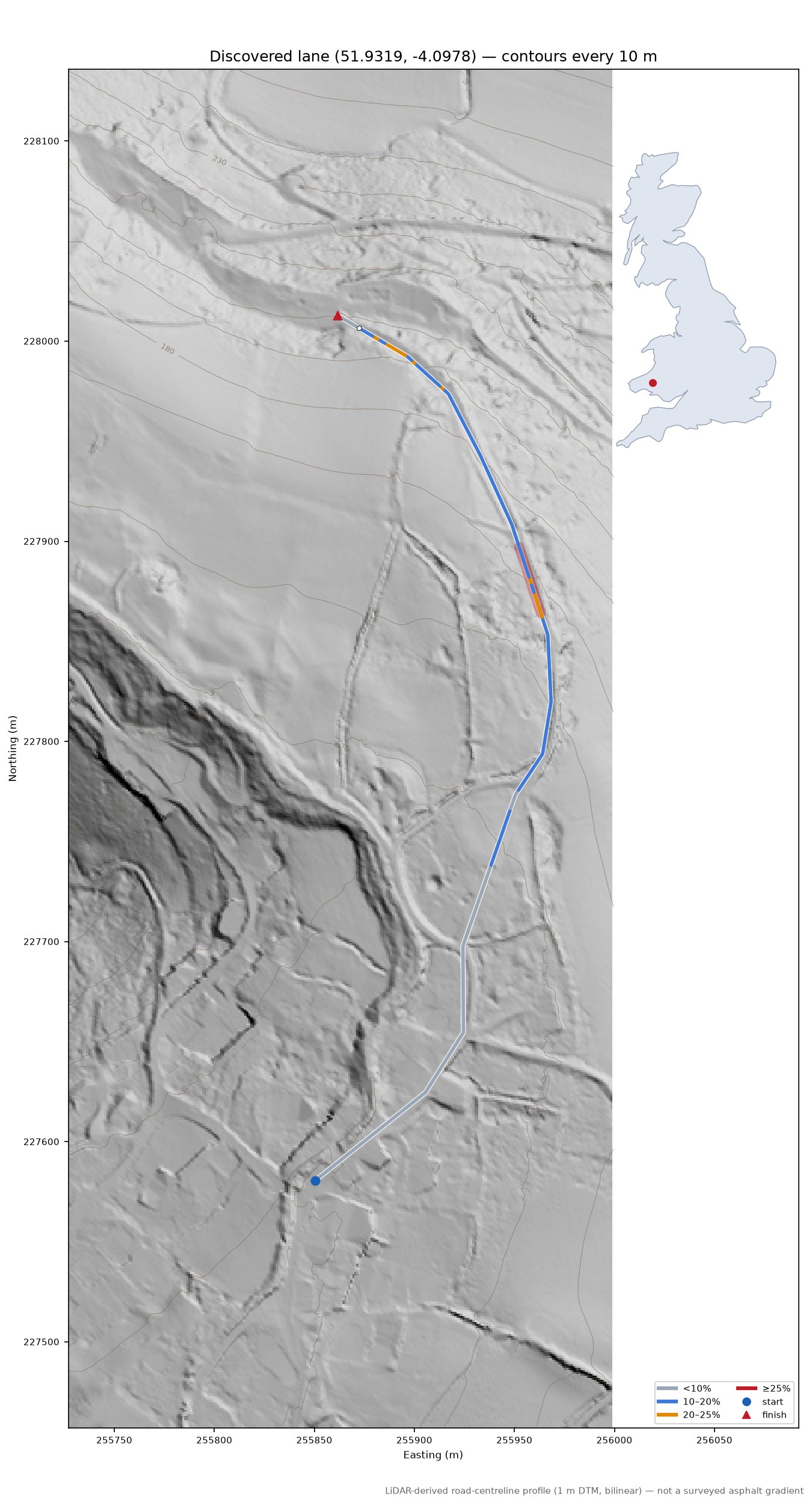 Discovered lane (51.9319, -4.0978) LiDAR hillshade map with contours