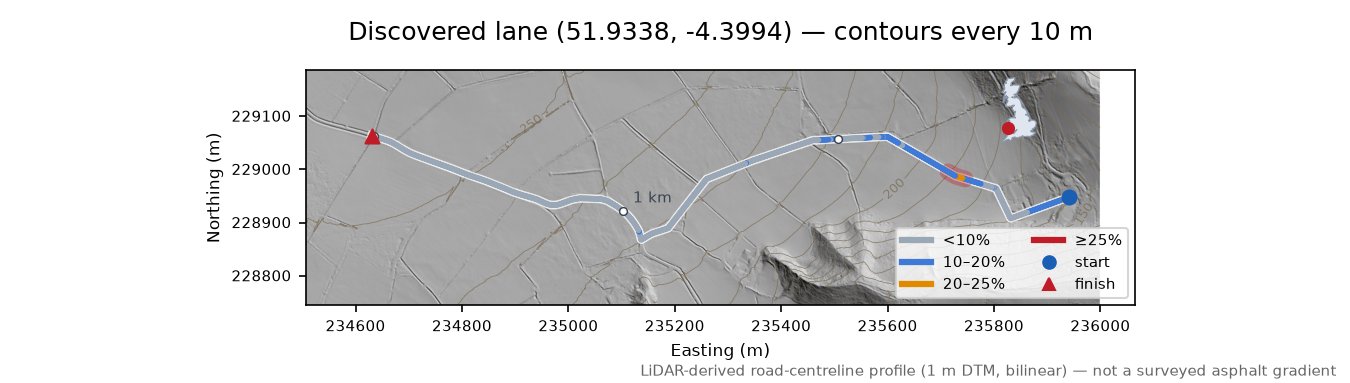 Discovered lane (51.9338, -4.3994) LiDAR hillshade map with contours