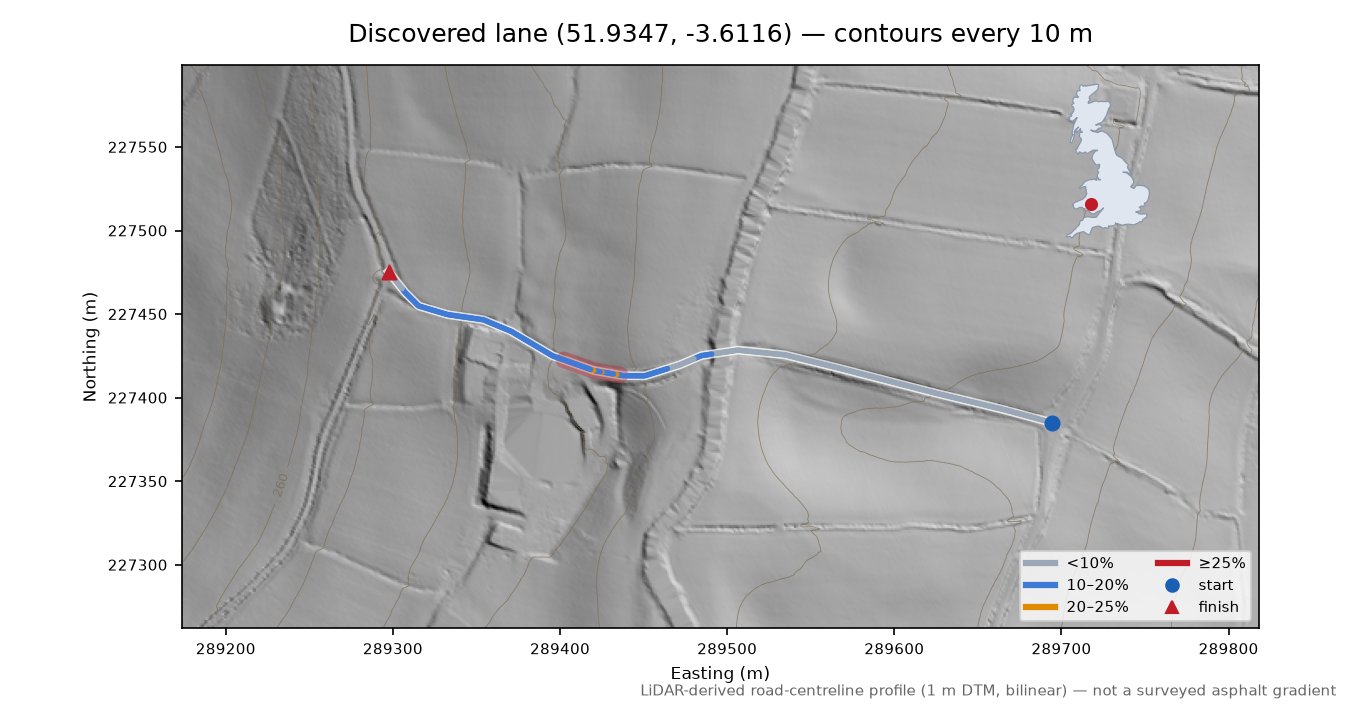 Discovered lane (51.9347, -3.6116) LiDAR hillshade map with contours